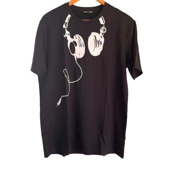 Shein Men Black Headphones Music Print Tee T-Shirt Size Medium Bin C/shein Bag - Picture 2 of 11